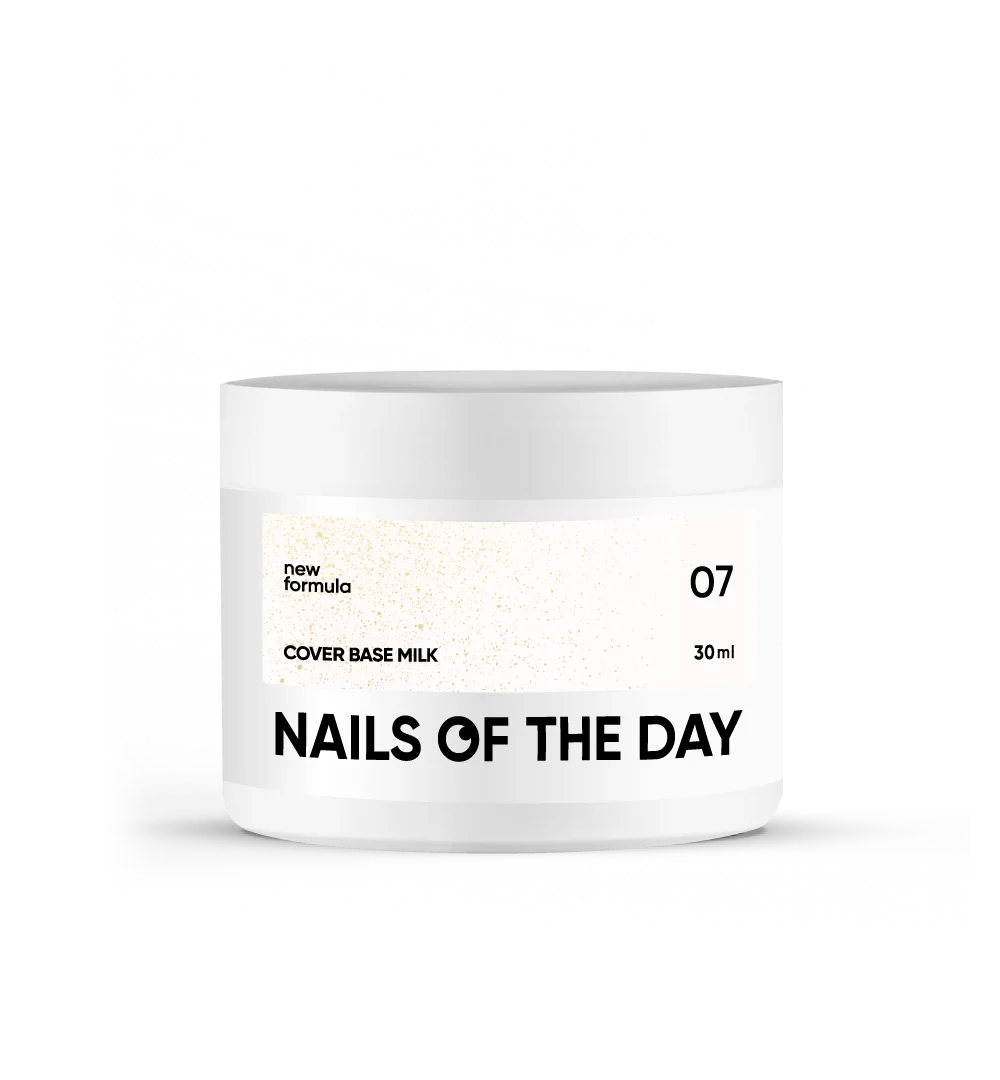 Nailsoftheday Cover Base NEW Formula Milk 07 — base camufladora lechosa y semitransparente con brillo dorado que aporta un reflejo cálido y dorado, 30 ml