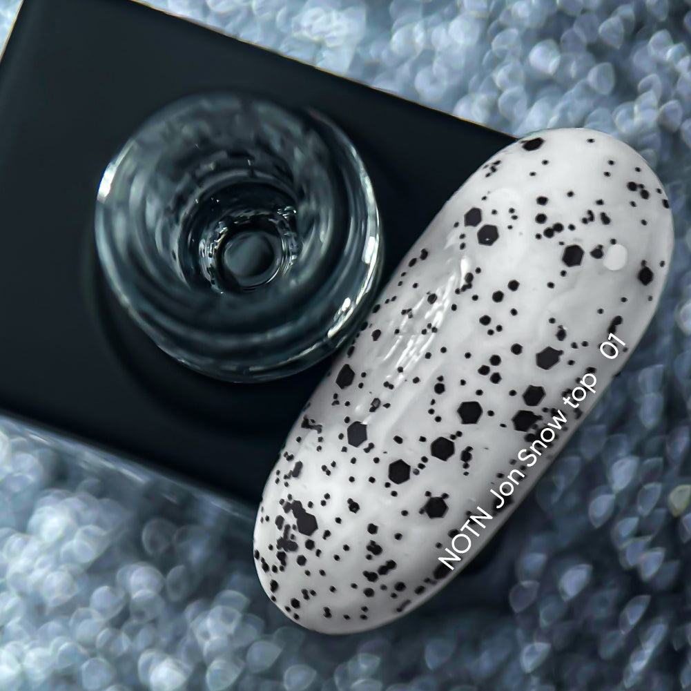 NAILSOFTHENIGHT Jon Snow top 01 — фінішне покриття з чорними шестиграниками різних розмірів, без липкого шару, 10 мл