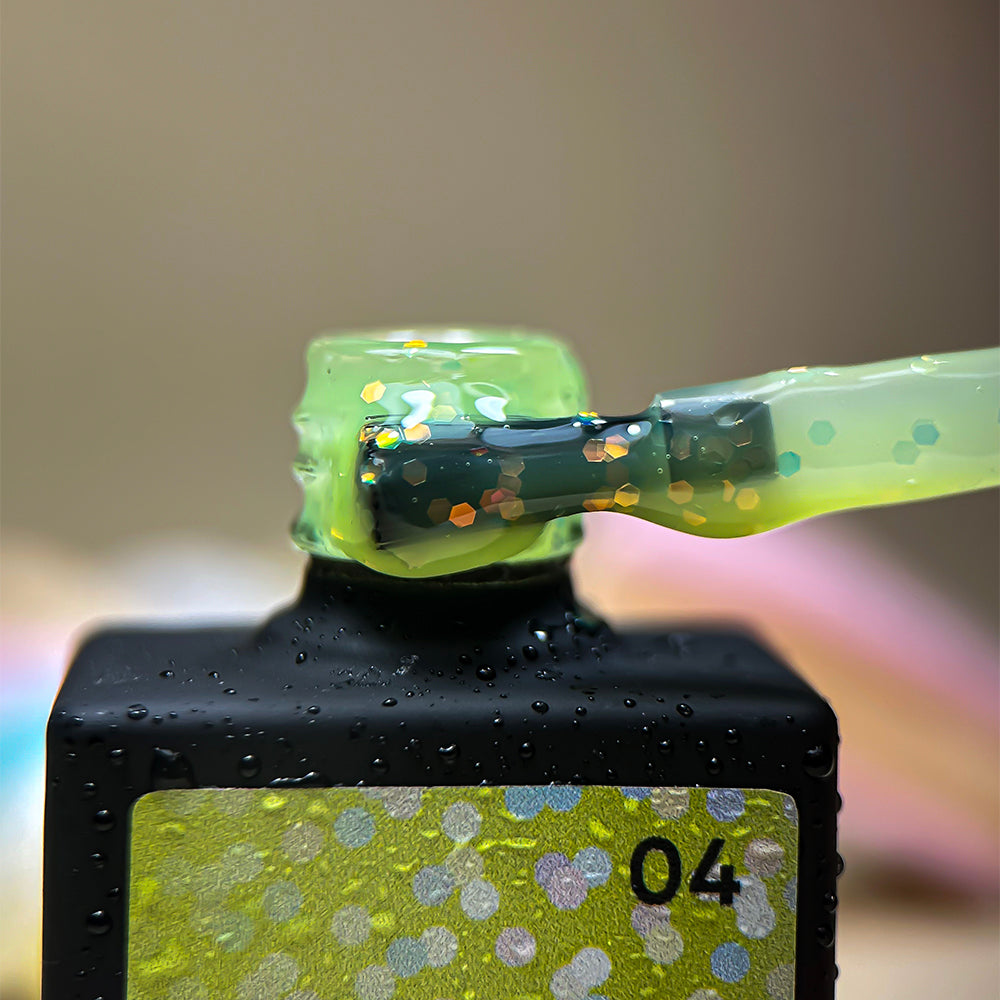 NAILSOFTHENIGHT Party base 04 – neon lemon-green base with holographic hexagons, 10 ml