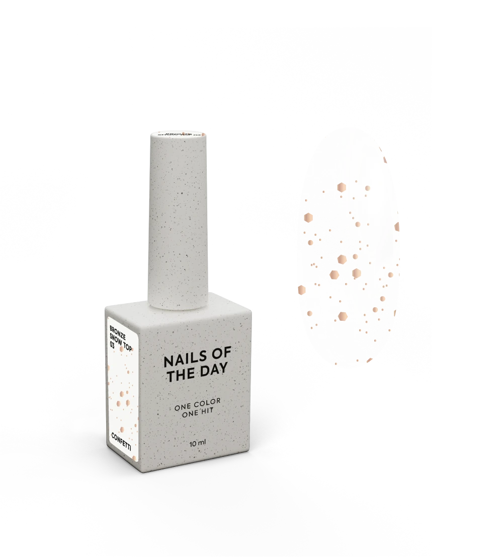NAILSOFTHENIGHT Bronze Snow top 03 — revestimento de acabamento com hexágonos de bronze de diversos tamanhos, sem camada pegajosa, 10 ml