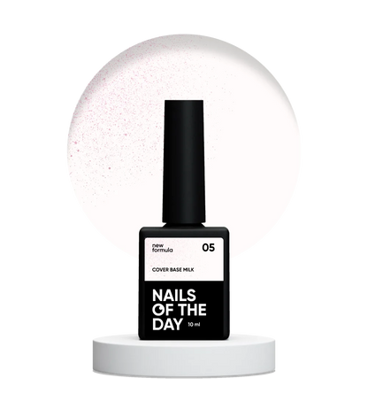 Nailsoftheday Cover base NEW Formula milk 05 — молочне, напівпрозоре з рожевим шимером, який підсилює відтінок та робить його більш теплим, камуфлююче базове покриття для нігтів, 10 мл