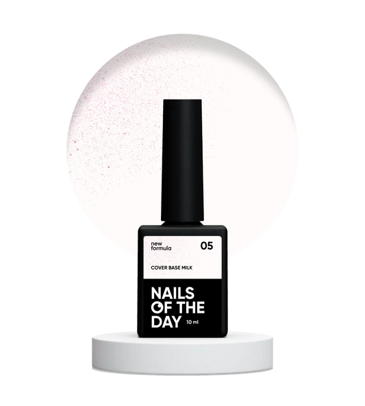 Nailsoftheday Cover base NEW Formula milk 05 — молочне, напівпрозоре з рожевим шимером, який підсилює відтінок та робить його більш теплим, камуфлююче базове покриття для нігтів, 10 мл