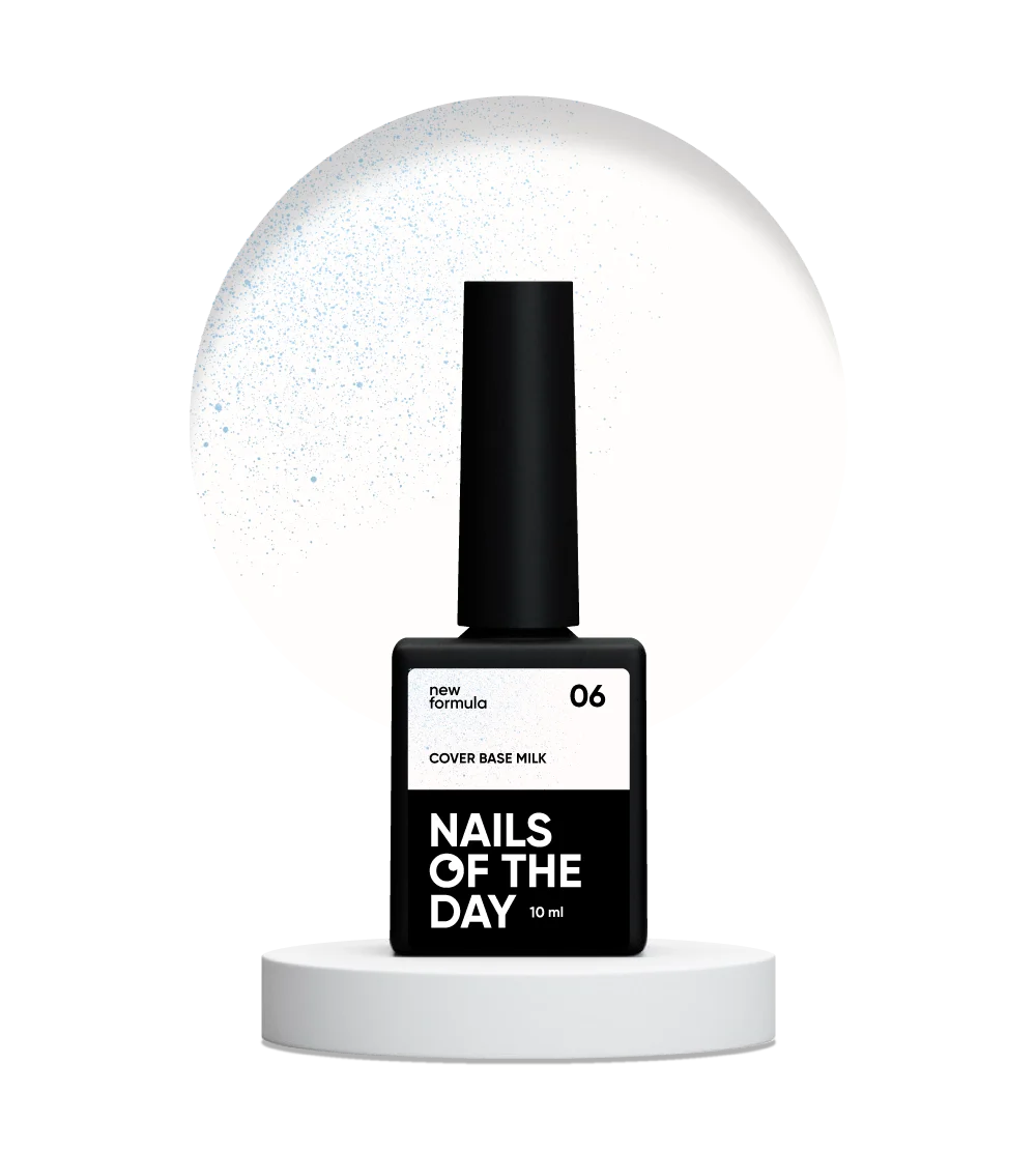 Nailsoftheday Cover base NEW Formula milk 06 — молочне, напівпрозоре з блакитним шимером, який створює ефект більш холодного відтінку, камуфлююче базове покриття для нігтів, 10 мл