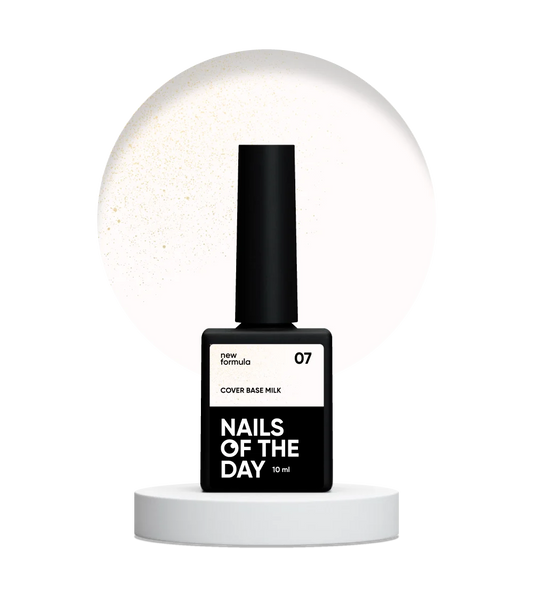 Nailsoftheday Cover base NEW Formula milk 07 — молочне, напівпрозоре з золотим шимером, який надає теплий золотий перелив, камуфлююче базове покриття для нігтів, 10 мл