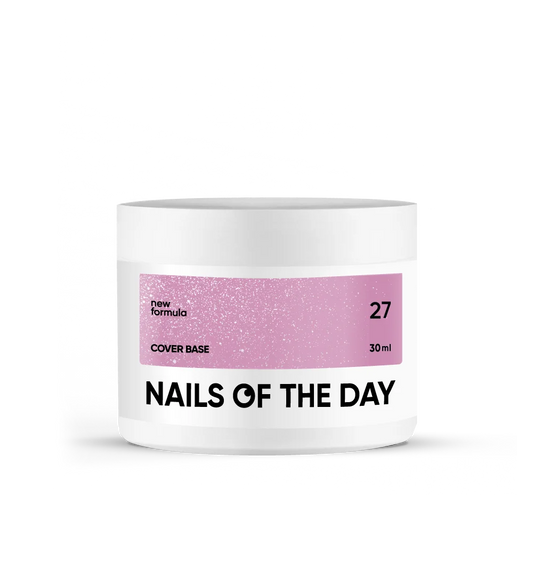 Nailsoftheday Cover base NEW Formula 27 — рожеве зі срібним шимером, має більш насичений рожевий холодний відтінок, камуфлююче базове покриття для нігтів, 30 мл