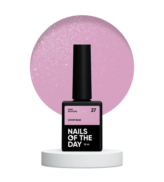 Nailsoftheday Cover base NEW Formula 27 — рожеве зі срібним шимером, має більш насичений рожевий холодний відтінок, камуфлююче базове покриття для нігтів, 10 мл