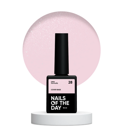 Nailsoftheday Cover base NEW Formula 28 — напівпрозоре пудрово–рожеве зі срібним шимером, камуфлююче базове покриття для нігтів, 10 мл