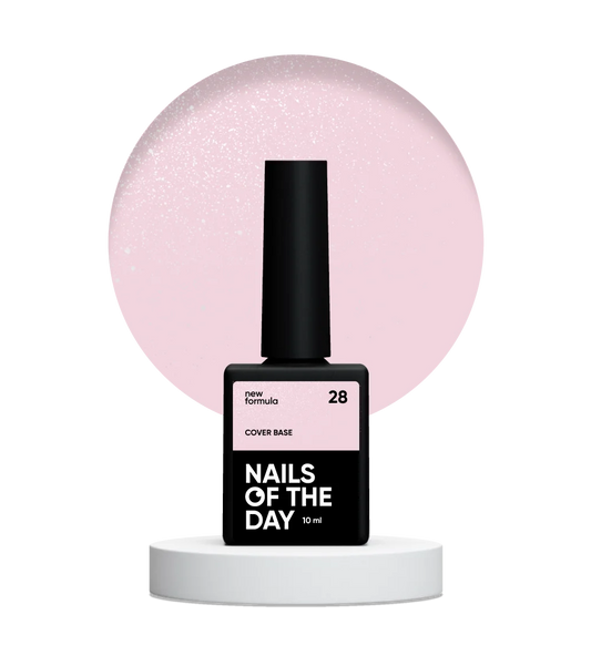 Nailsoftheday Cover base NEW Formula 28 — напівпрозоре пудрово–рожеве зі срібним шимером, камуфлююче базове покриття для нігтів, 10 мл