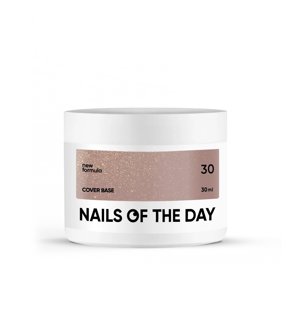 Nailsoftheday Cover base NEW Formula 30 — натурально нюдюве з золотим шимером, теплий нюд з золотим відтінком, камуфлююче базове покриття для нігтів, 30 мл