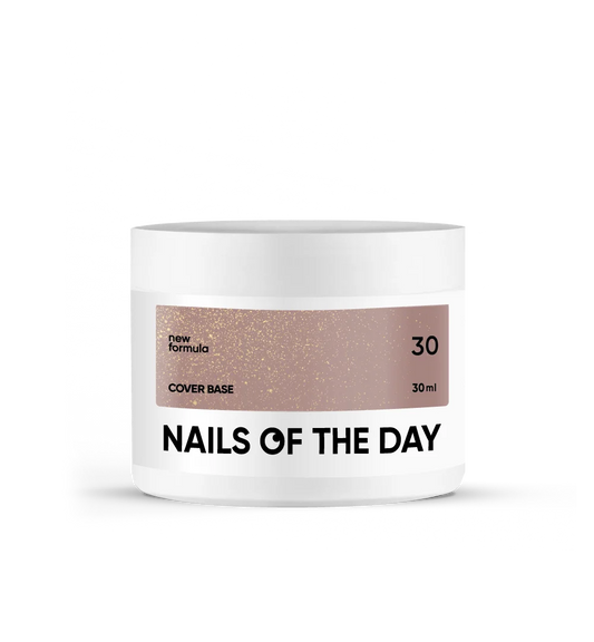 Nailsoftheday Cover base NEW Formula 30 — натурально нюдюве з золотим шимером, теплий нюд з золотим відтінком, камуфлююче базове покриття для нігтів, 30 мл