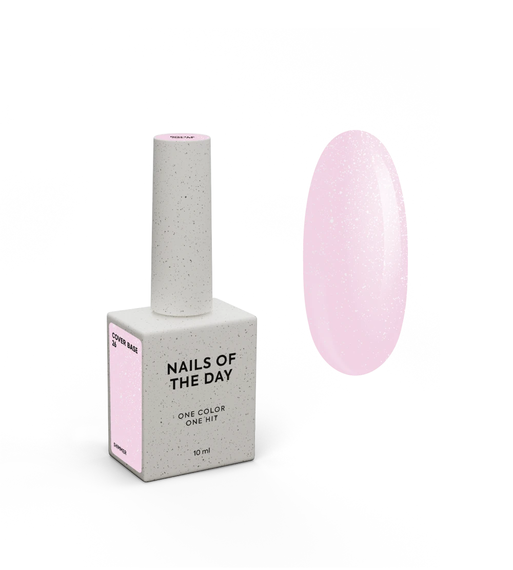 Nailsoftheday Cover base NEW Formula 26 — suave tono rosa con shimmer plateado, de brillo más frío, una base camuflaje para uñas, 10 ml.
