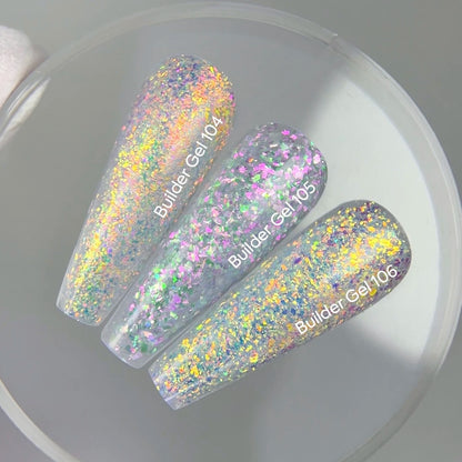 NAILSOFTHEDAY Builder Gel 104 — transparent builder gel with Yuki flakes, 15 ml