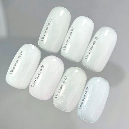 Nailsoftheday Cover base NEW Formula milk 06 — молочне, напівпрозоре з блакитним шимером, який створює ефект більш холодного відтінку, камуфлююче базове покриття для нігтів, 10 мл