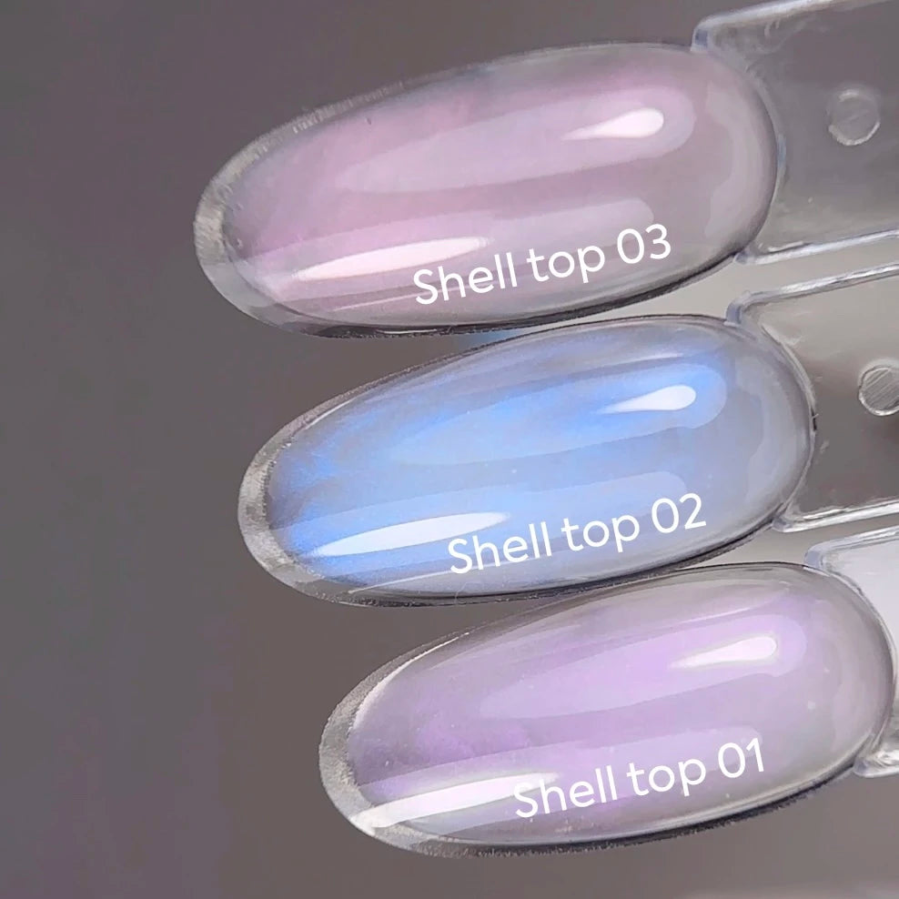 NAILSOFTHEDAY Shell Top 01 Nuova Formula — top perlato con effetto polvere viola, senza strato di dispersione, 10 ml