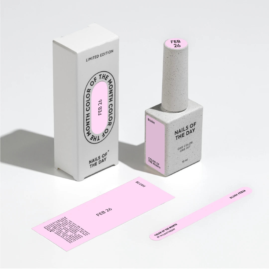 NAILSOFTHEDAY Color del Mes Febrero 2026 Blush —
tono rosa pastel, cobertura completa en una sola capa, 10 ml