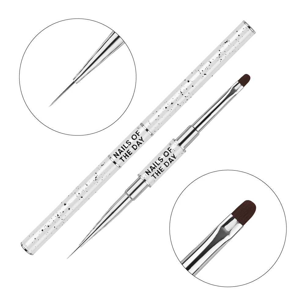 NAILSOFTHEDAY Professional Brush 2-in-1: Liner + Oval — a double-sided professional metal nail brush with caps, designed for both fine detailing and gel sculpting. Liner 11 mm + flat oval 11 mm.