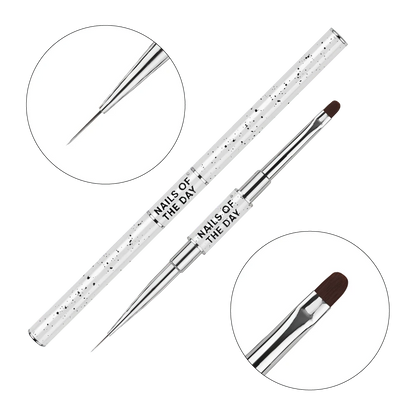 NAILSOFTHEDAY Professional Brush 2-in-1: Liner + Oval — a double-sided professional metal nail brush with caps, designed for both fine detailing and gel sculpting. Liner 11 mm + flat oval 11 mm.