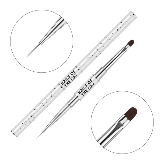 NAILSOFTHEDAY Professional Brush 2-in-1: Liner + Oval — a double-sided professional metal nail brush with caps, designed for both fine detailing and gel sculpting. Liner 11 mm + flat oval 11 mm.