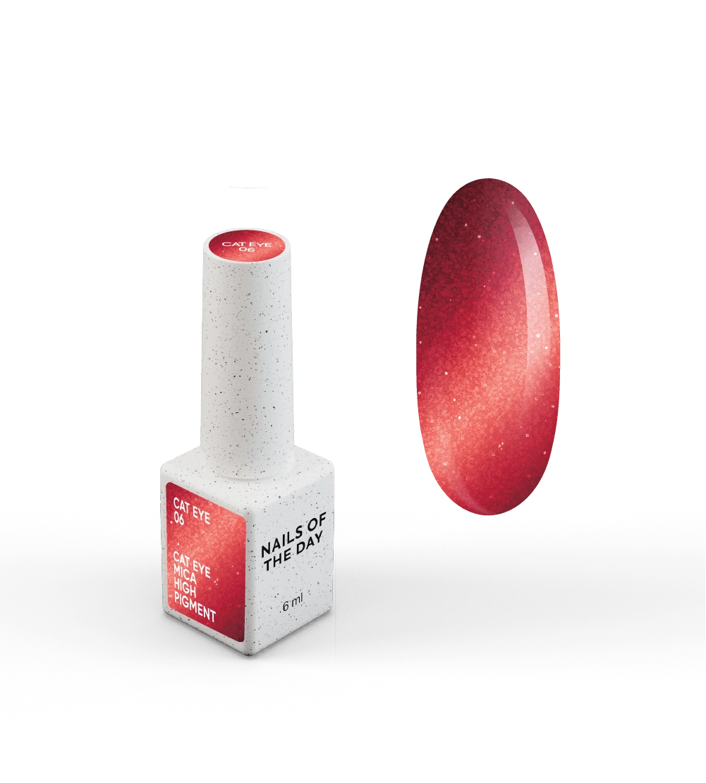 NAILSOFTHEDAY Gel Polish Cat Eye 06 — smalto semipermanente rosso effetto occhio di gatto con micro particelle metalliche e un delicato effetto riflettente. Copertura completa in una sola passata. 6 ml.