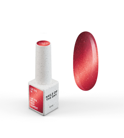 NAILSOFTHEDAY Gel Polish Cat Eye 06 — smalto semipermanente rosso effetto occhio di gatto con micro particelle metalliche e un delicato effetto riflettente. Copertura completa in una sola passata. 6 ml.