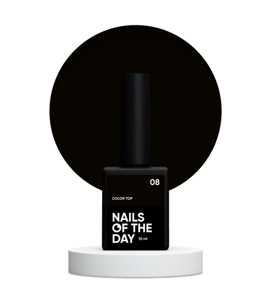 NAILSOFTHEDAY Color Top 08 — intensiver schwarzer Topcoat ohne Schwitzschicht für Nägel, 10 ml.