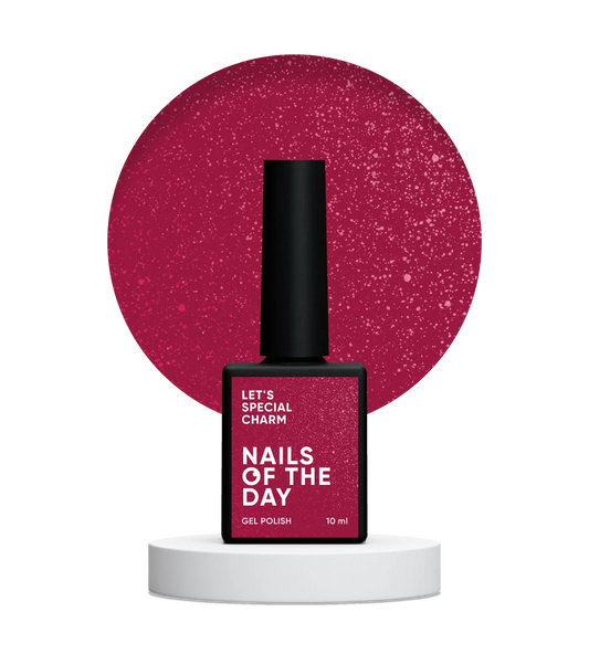 NAILSOFTHEDAY Let’s Special Charm — un vernis gel d’un rose framboise vif avec de fines paillettes, offrant une couverture complète en une seule couche, 10 ml.