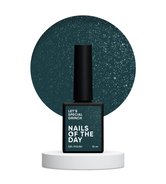 NAILSOFTHEDAY Let’s Special Grinch — un vernis gel d’un vert émeraude avec de fines paillettes, offrant une couverture complète en une seule couche, 10 ml.