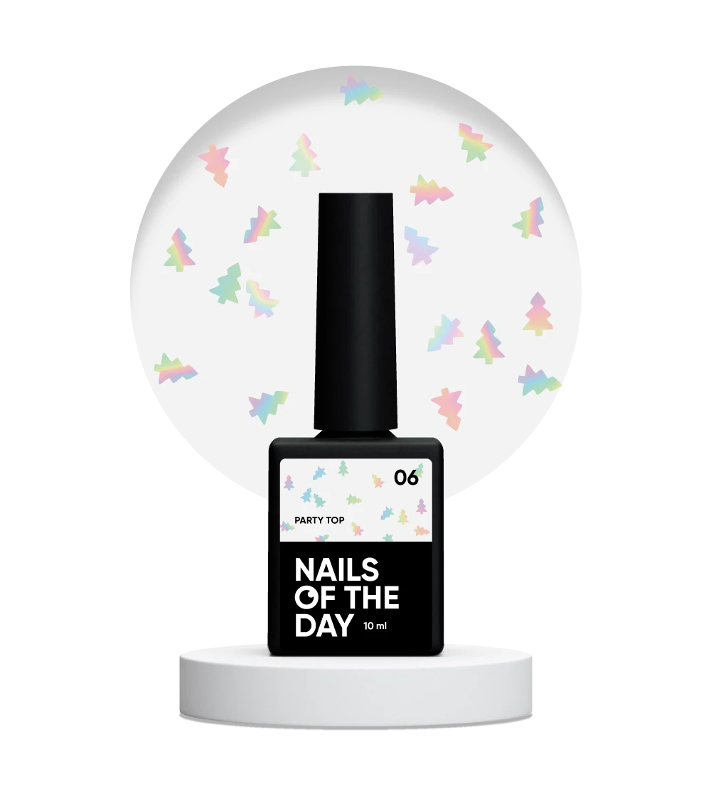 NAILSOFTHEDAY Party Top 06 — a holographic top coat with festive tree-shaped glitter, no sticky layer, 10 ml.