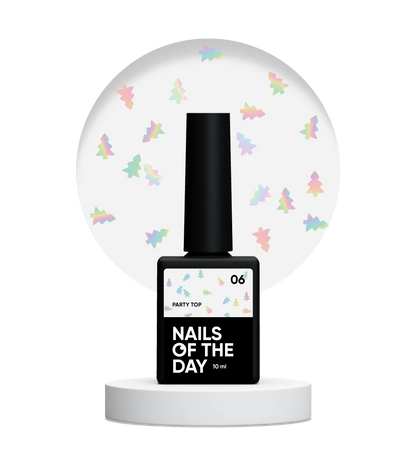 NAILSOFTHEDAY Party Top 06 — a holographic top coat with festive tree-shaped glitter, no sticky layer, 10 ml.