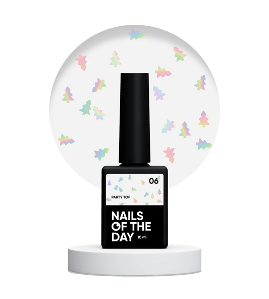 NAILSOFTHEDAY Party Top 06 — a holographic top coat with festive tree-shaped glitter, no sticky layer, 10 ml.
