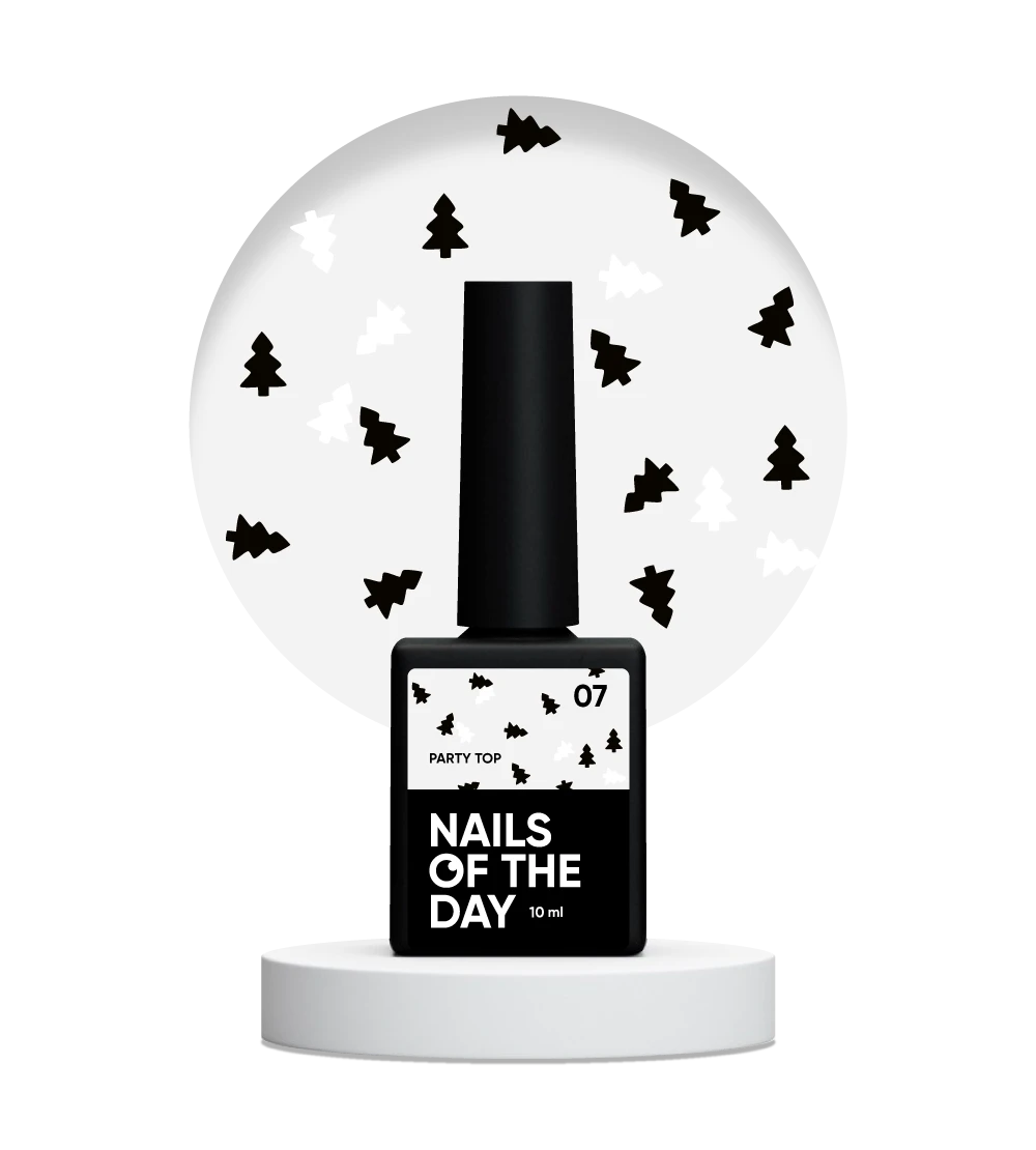 NAILSOFTHEDAY Party Top 07 — a glossy no-wipe top coat with black and white tree-shaped holographic glitter, 10 ml.