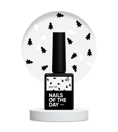 NAILSOFTHEDAY Party Top 07 — a glossy no-wipe top coat with black and white tree-shaped holographic glitter, 10 ml.