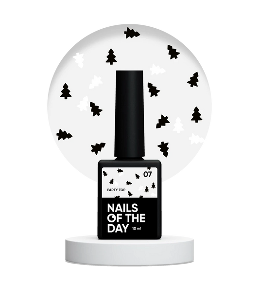 NAILSOFTHEDAY Party Top 07 — a glossy no-wipe top coat with black and white tree-shaped holographic glitter, 10 ml.