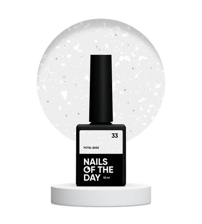 NAILSOFTHEDAY Potal base 33 — напівпрозоре базове покриття з білосніжною поталлю та срібнім дрібним рефлективом, 10 мл