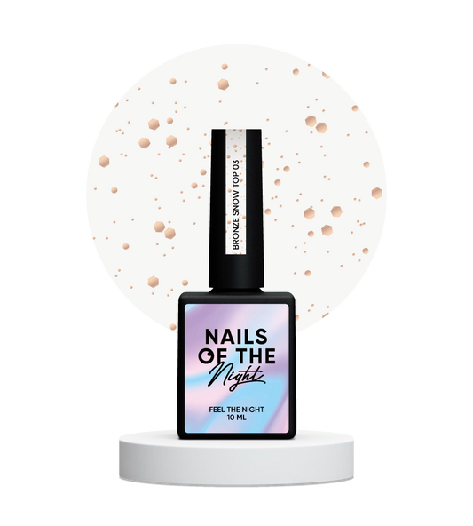 NAILSOFTHENIGHT Bronze Snow top 03 — revestimento de acabamento com hexágonos de bronze de diversos tamanhos, sem camada pegajosa, 10 ml