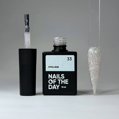 NAILSOFTHEDAY Potal base 33 — напівпрозоре базове покриття з білосніжною поталлю та срібнім дрібним рефлективом, 10 мл